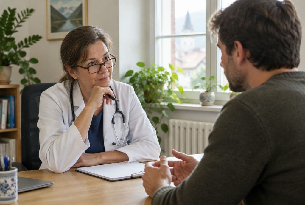 Ärztin hört einem Patienten im Gespräch in ihrer Praxis aufmerksam zu