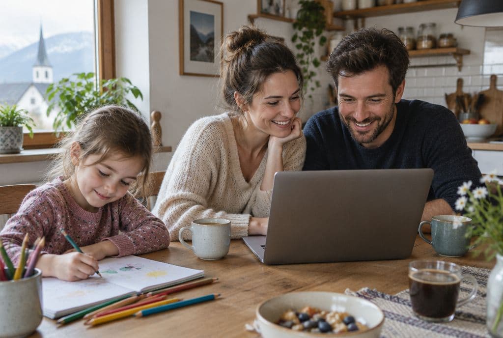 Familie vergleicht am Küchentisch gemeinsam Tarife am Laptop