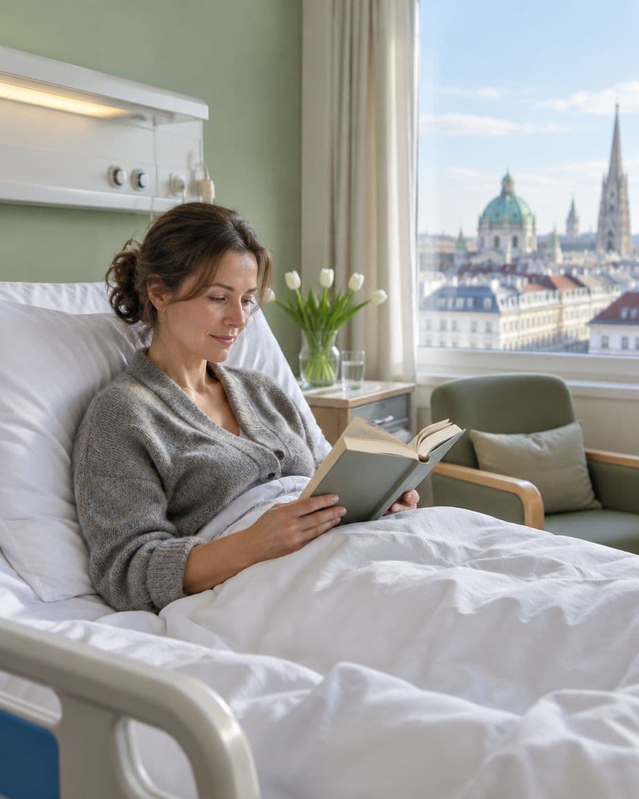 Patientin liest entspannt im hellen Sonderklasse-Zimmer mit Blick über Wien